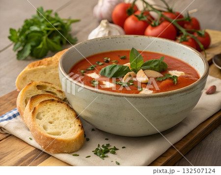 A bowl of tomato soup with bread garlic and parsley on a wooden table food A bowl of tomato soup with bread garlic and parsley on a wooden table food 132507124
