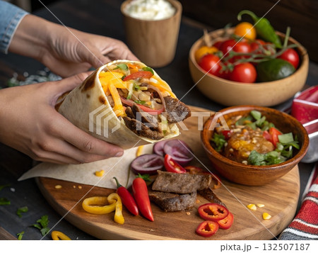 Hands holding a loaded beef and cheese wrap with fresh vegetables and sides 132507187