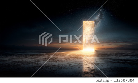 Doorway opening to a digital universe evoking wonder and exploration in a twilight landscape 132507304