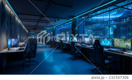 Futuristic eSports arena featuring holographic displays and advanced gaming setups at night 132507306