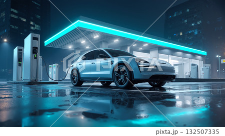 Electric car charging at a modern eco station...のイラスト素材 [132507335] - PIXTA