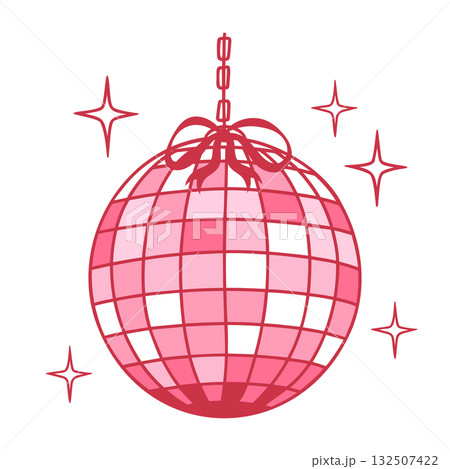 Sparkling pink disco ball party icon. Disco ball with ribbon bow isolated on white background. Illustration. Sparkling pink disco ball party icon. Disco ball with ribbon bow isolated on white background. Illustration. 132507422