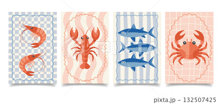 Set of Italian cuisine posters. Seafood, crab, lobster, sardines. Mediterranean set. Seafood menu cards. Set of Italian cuisine posters. Seafood, crab, lobster, sardines. Mediterranean set. Seafood menu cards. 132507425
