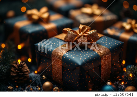 Blue box with gold ribbons and dots, surrounded by pine cones and other decorations 132507541