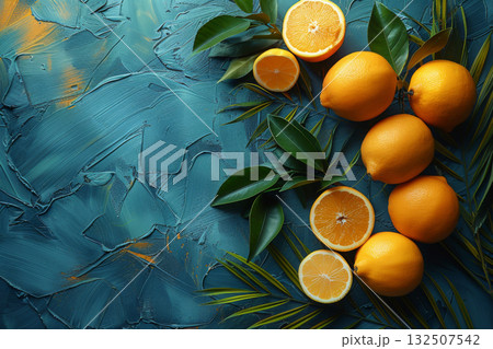 Sukkot testing symbols etrog, palm leaves, world on a blue background with copy space 132507542