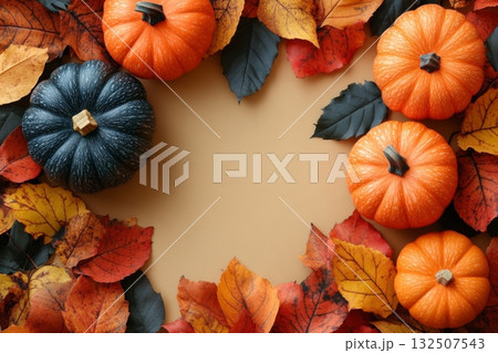 Pumpkin frame with pumpkins and leaves on beige background with copy space 132507543