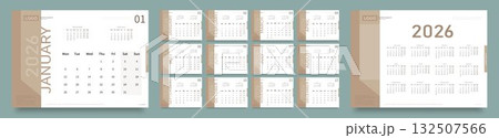 Vector layout of a wall or desktop calendar for 2026 with the date of the beginning of the week on Monday. 132507566