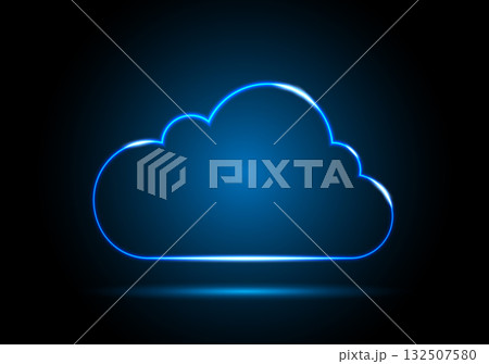 Neon cloud with highlights. Neon digital cloud icon on a black and blue background. Neon cloud with highlights. Neon digital cloud icon on a black and blue background. 132507580