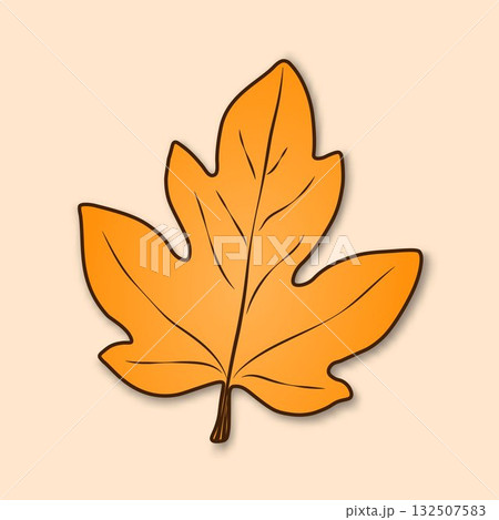 A yellow, fallen autumn leaf with streaks highlighted on a beige background. An isolated autumn leaf. A yellow, fallen autumn leaf with streaks highlighted on a beige background. An isolated autumn leaf. 132507583