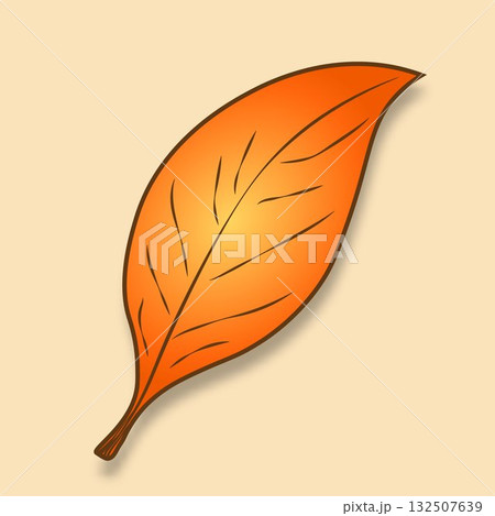 The autumn leaf is orange-yellow with streaks and shadow on a beige background. 132507639