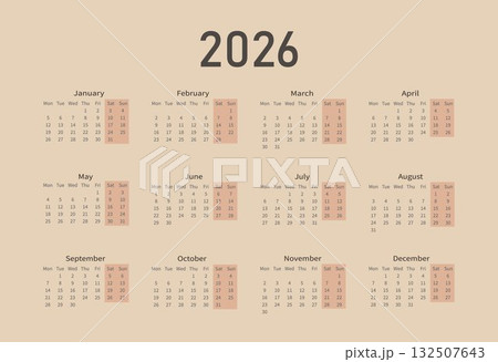 Minimalistic calendar for 2026 in retro style on beige background. Minimalistic calendar for 2026 in retro style on beige background. 132507643