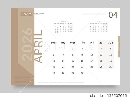 The calendar for April 2026 is white and beige. The layout of the calendar for April 2026 with the date of the beginning of the week on Monday. 132507656