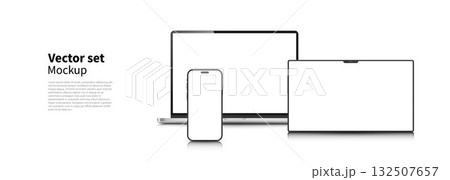 A set of laptop, phone, and tablet layouts with blank screens on a white background. 132507657