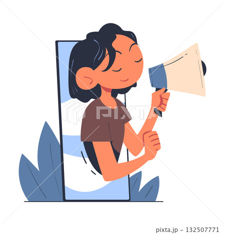 Woman with Megaphone Look Out from Smartphone Screen Vector Illustration 132507771