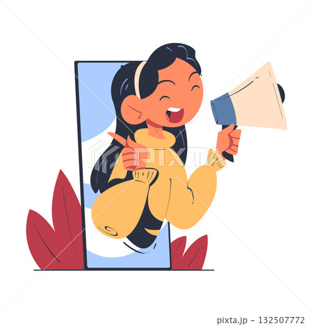 Woman with Megaphone Look Out from Smartphone Screen Vector Illustration 132507772