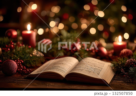 Festive melody book near glowing candles and decor Festive melody book near glowing candles and decor 132507850