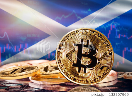 Bitcoin with Scotland flag in the background. Investors in cryptocurrency and Blockchain Technology in Scotland, Concept Bitcoin with Scotland flag in the background. Investors in cryptocurrency and Blockchain Technology in Scotland, Concept 132507969