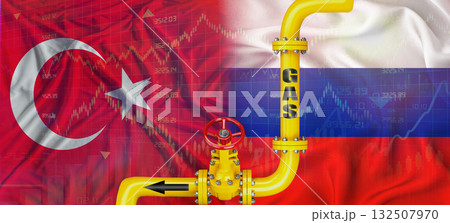 Gas pipeline with Russian and Turkish flag. Production and export of Russian gas to Turkey Gas pipeline with Russian and Turkish flag. Production and export of Russian gas to Turkey 132507970