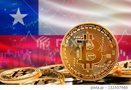 Investors in cryptocurrency and Blockchain Technology in Chile, Concept. Bitcoin with Chile flag in the background 132507980