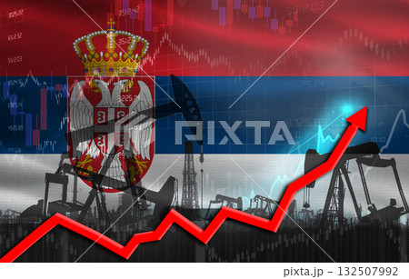 Oil production with Serbia flag, petrol industry. Oil pumps with Serbia flag Oil production with Serbia flag, petrol industry. Oil pumps with Serbia flag 132507992