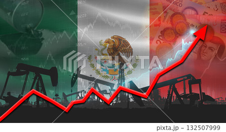 Oil pumps with Mexican flag. Oil production with Mexico flag, petrol industry Oil pumps with Mexican flag. Oil production with Mexico flag, petrol industry 132507999