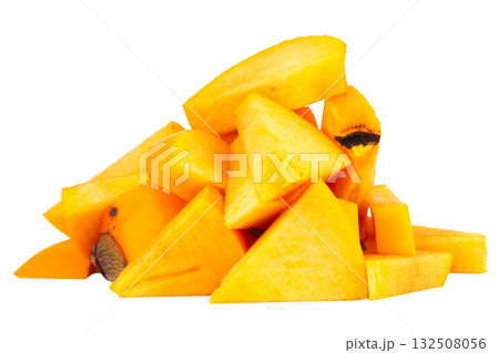 Pile of fresh ripe plums cut in half showing juicy flesh and seeds isolated on white background Pile of fresh ripe plums cut in half showing juicy flesh and seeds isolated on white background 132508056