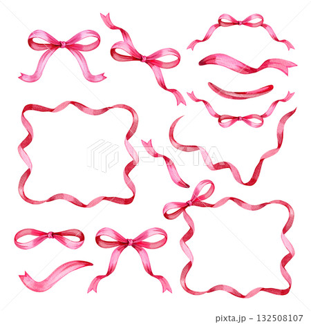 Watercolor bow frame collection featuring coquette style ribbons, ideal for cute card designs, decorative borders, and digital crafts. 132508107