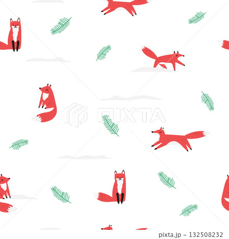 Cute Fox Seamless Pattern. Hand Drawn Forest Animal in Minimal Style on White Background Cute Fox Seamless Pattern. Hand Drawn Forest Animal in Minimal Style on White Background 132508232