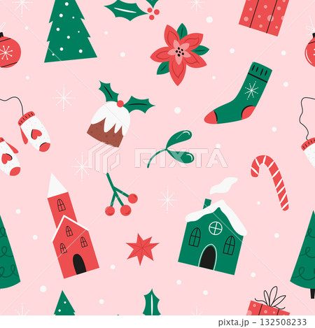 Seamless Christmas Pattern with Buildings, Gifts, Trees, Candy Canes and Holiday Icons Seamless Christmas Pattern with Buildings, Gifts, Trees, Candy Canes and Holiday Icons 132508233