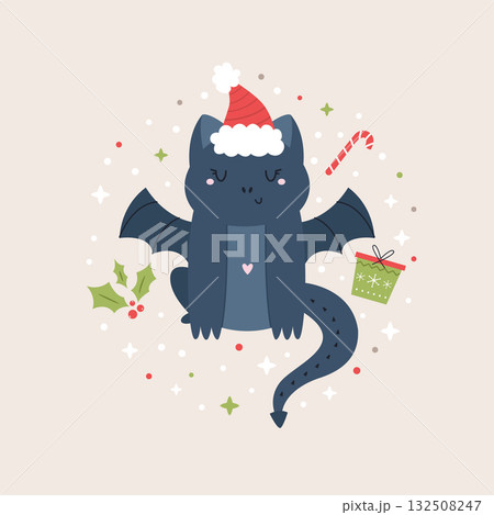Cute Holiday Flying Dragons in Santa Hat on Beige Background 132508247