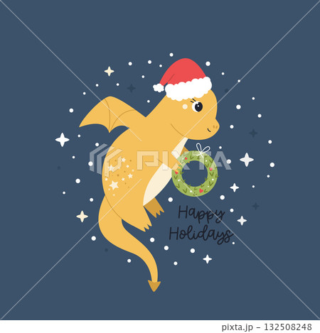 Cute Holiday Dragon Flying in Santa Hat on Blue Background 132508248