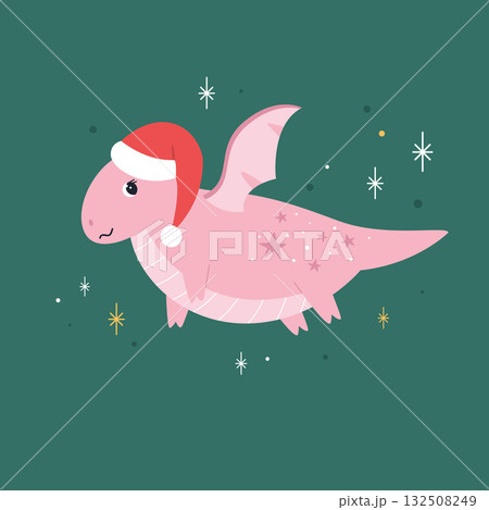 Cute Holiday Dragon Flying in Santa Hat on Green Background Cute Holiday Dragon Flying in Santa Hat on Green Background 132508249