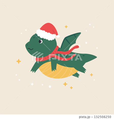 Cute Holiday Dragon Flying in Santa Hat and Scarf Cute Holiday Dragon Flying in Santa Hat and Scarf 132508250