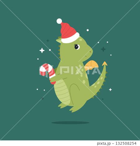 Cute Holiday Dragon Flying in Santa Hat on Green Background Cute Holiday Dragon Flying in Santa Hat on Green Background 132508254