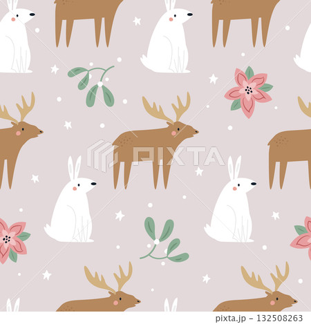 Seamless Christmas Pattern with Woodland Animals Rabbits and Moose, Poinsettia and Mistletoe 132508263