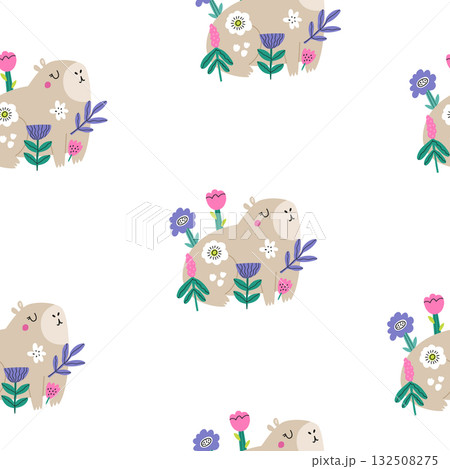 Springtime Capybara and Wildflowers Seamless Print. Simple Cartoon Animal Background for Baby Shower and Nursery Decor. Springtime Capybara and Wildflowers Seamless Print. Simple Cartoon Animal Background for Baby Shower and Nursery Decor. 132508275