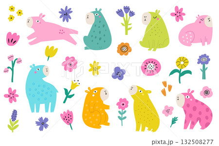 Cute Capybara Vector Set with Colorful Flowers. Bright Animal Illustrations for Kids 132508277