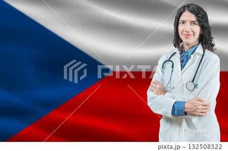 Czech medicine and healthcare concept. Close up of doctor against Czech flag background Czech medicine and healthcare concept. Close up of doctor against Czech flag background 132508322
