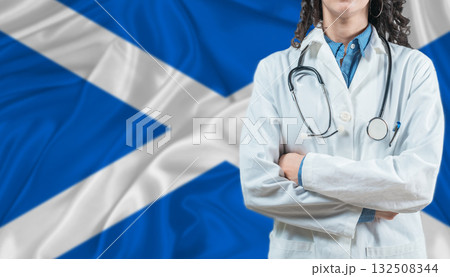 Medical professional on Scotland flag. Healthcare and wellness in Scotland, Concept 132508344