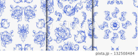 Vintage Baroque or renaissance Seamless pattern hand drawn Victorian set of ornament floral elements Vintage Baroque or renaissance Seamless pattern hand drawn Victorian set of ornament floral elements 132508484