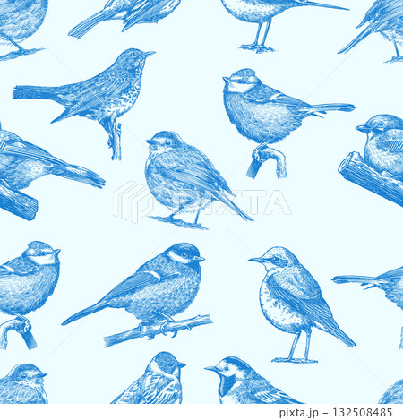 Blue forest birds seamless pattern. Toile de Jouy different species from European forests. Goldcrest Blue forest birds seamless pattern. Toile de Jouy different species from European forests. Goldcrest 132508485