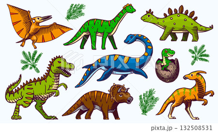 Set of dinosaurs. sketchy Hand drawn illustrations for kids clothes, childish . Tyrannosaurus 132508531