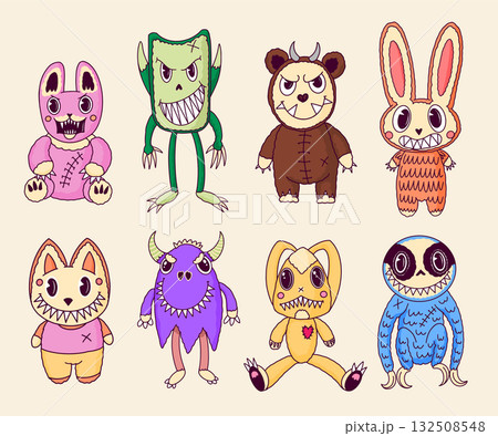Cute and scary Monster Characters set. Rabbit, cat and bear with claws and horns. Funny mascot 132508548