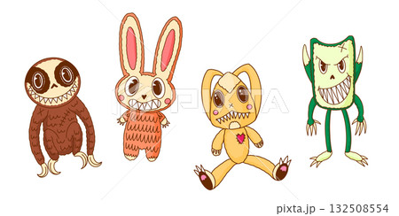 Cute and scary Monster Characters set. Rabbit, cat and bear with claws and horns. Funny mascot 132508554