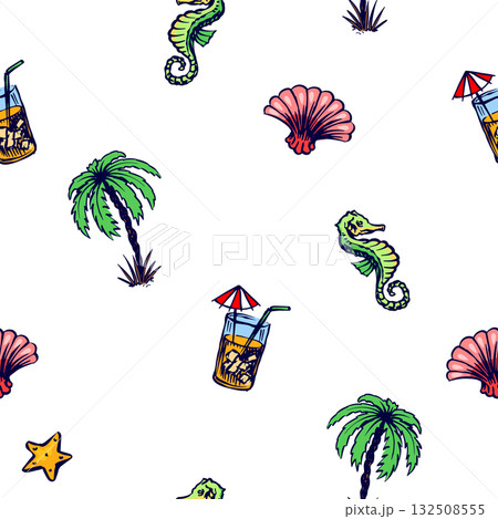 Nautical marine seamless pattern with sea waves seahorse cocktail. Hand drawn elements for summer 132508555