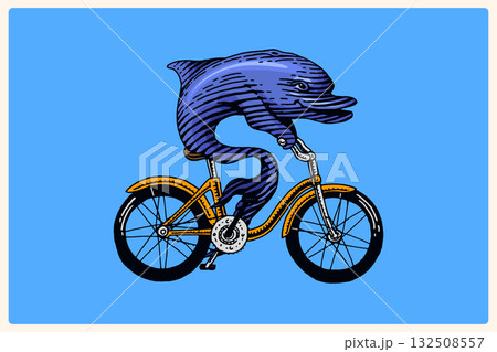 Dolphin on a bike, bicycle. Animal character on vehicle. Modern concept in vintage look. Hand drawn 132508557