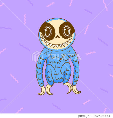 Cute and scary Monster Character sloth with claws and horns. Funny mascot kawaii beasts in hand 132508573