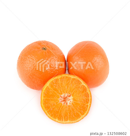 Sliced and Whole Mandarin Oranges on a Bright White Background 132508602