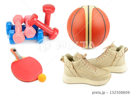 Collage of Sports and Fitness Equipment on White Background Collage of Sports and Fitness Equipment on White Background 132508609