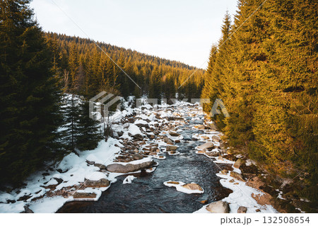 A serene winter evening at the Jizera River, marking the border between Czechia and Poland. Snow covers the ground, and tall evergreen trees line the riverbank, creating a peaceful scene. A serene winter evening at the Jizera River, marking the border between Czechia and Poland. Snow covers the ground, and tall evergreen trees line the riverbank, creating a peaceful scene. 132508654